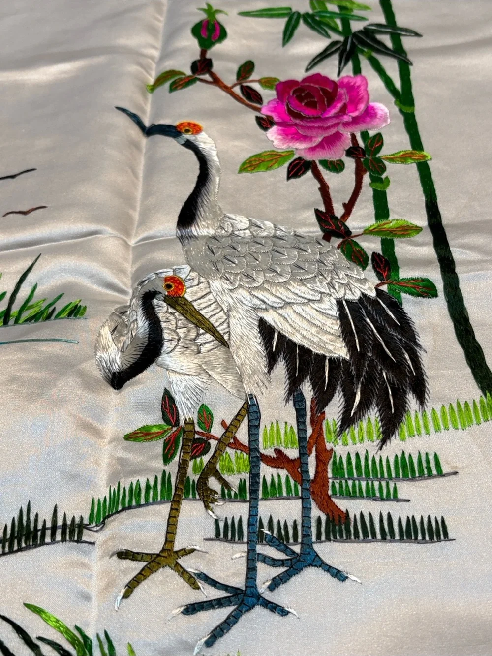 Vintage Chinese Silk Embroidered Crane & Floral Panel